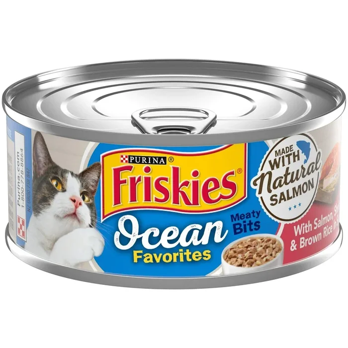 Purina Friskies Ocean Favorites Meaty Bits Salmon Shrimp and Brown Rice in Sauce Canned Cat Food – 5.5 Oz – Case of 24