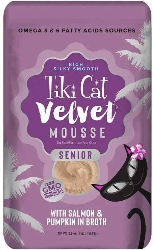 Tiki Cat Velvet Mousse Senior Salmon Cat Food in Pouches – 2.8 oz Pouches – Case of 12